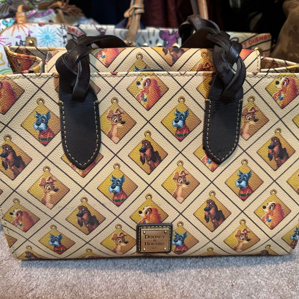 Dooney & Bourke Beige Disney Dogs Printed Small Tote with Dark Brown Trim